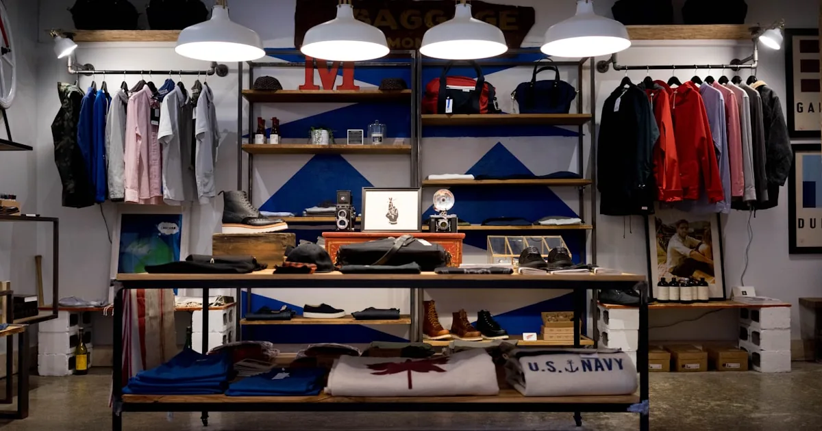 Apparel hanging in a brick-and-mortar shop, standing in for a hosted online storefront